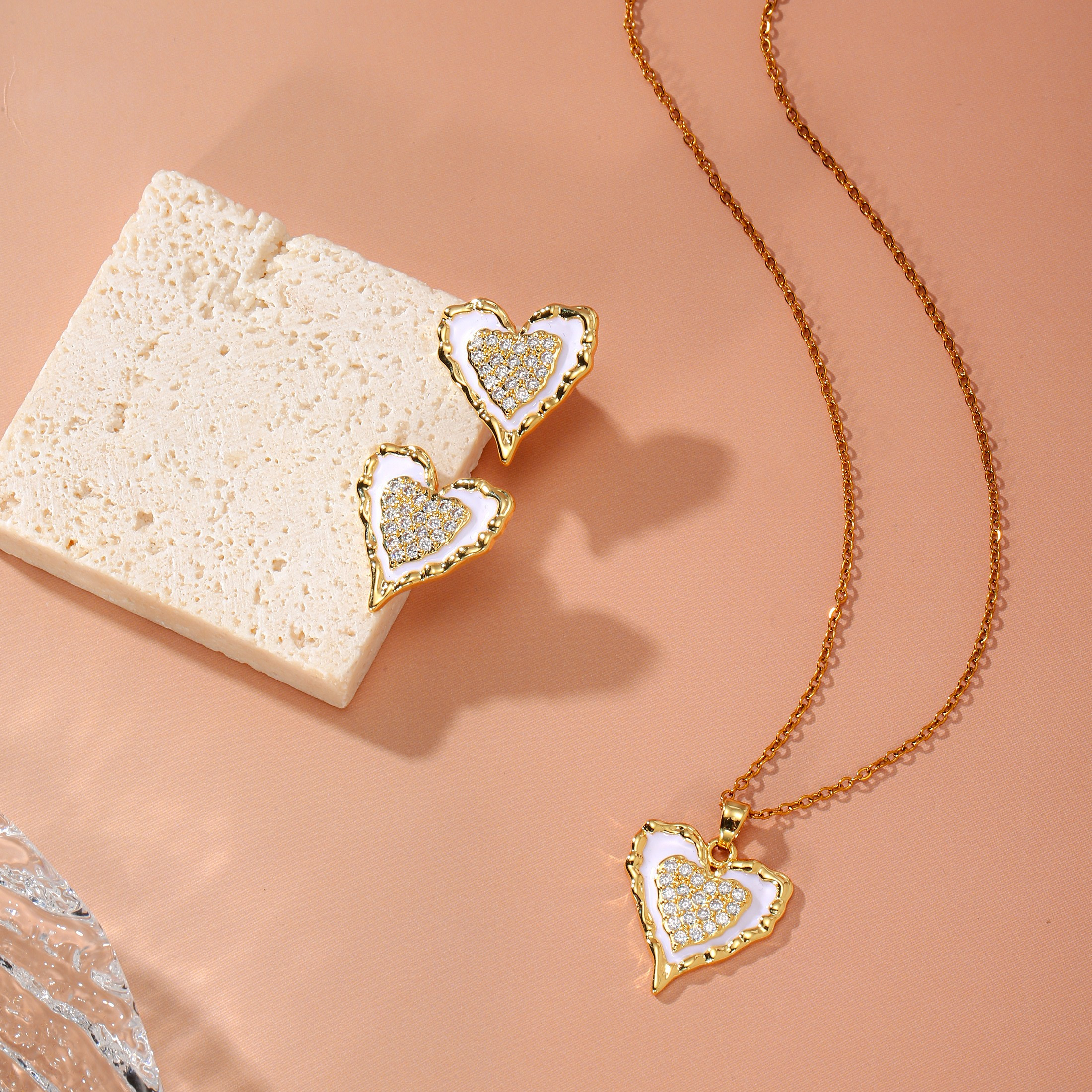 Peach Heart Two-Piece Necklace & Earrings Set